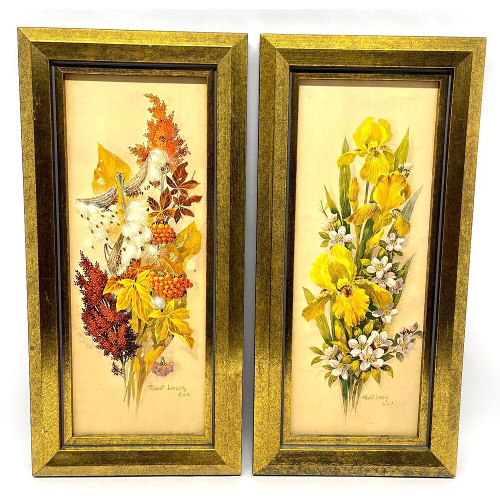 Vintage Robert Laessig ANA Framed Floral Print Set (2) Iris-Autumn Welch Art